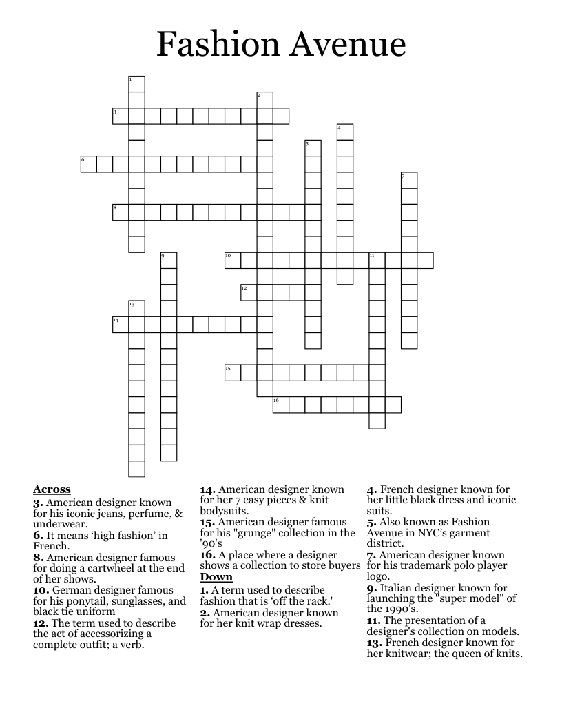 Fashion Avenue Crossword