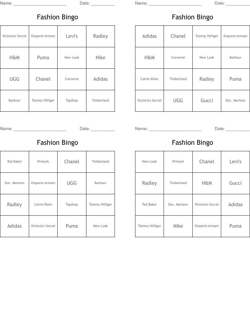 Fashion Bingo