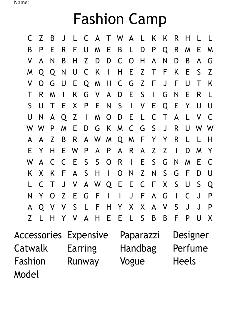Fashion Camp Word Search