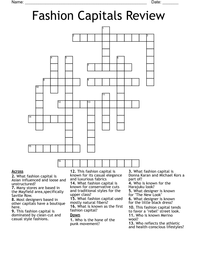 Fashion Capitals Review Crossword