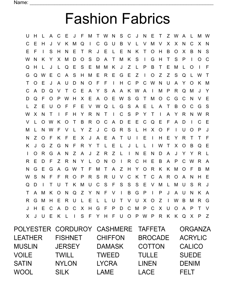 Fashion Fabrics Word Search