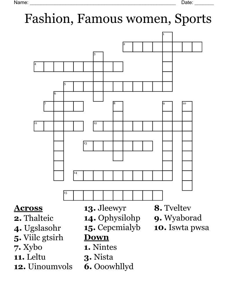 Fashion, Famous women, Sports Crossword