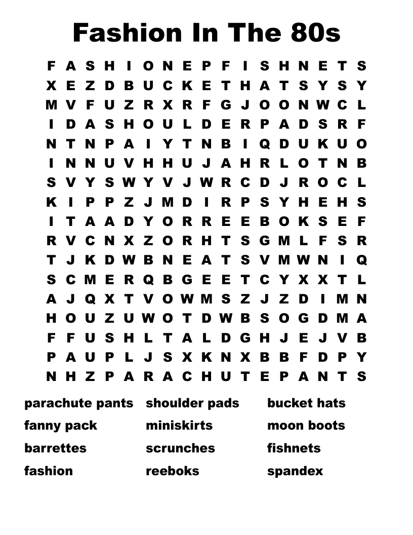 Fashion In The 80s Word Search