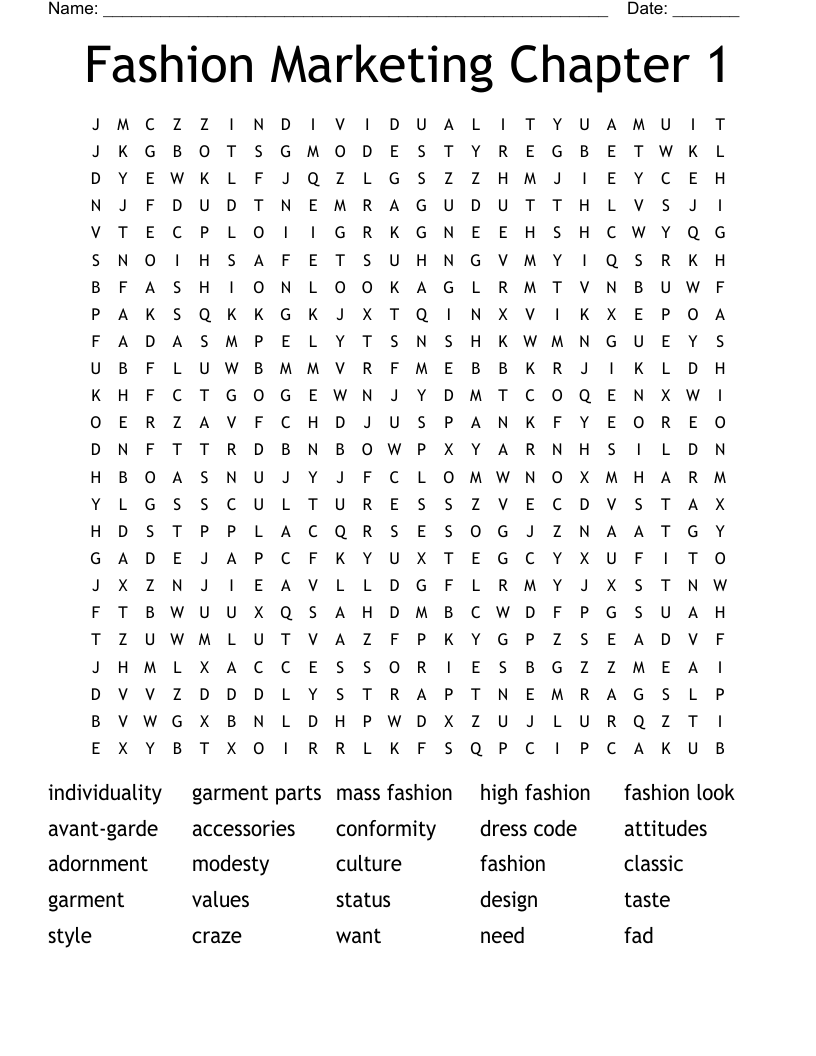 Fashion Marketing Chapter 1 Word Search