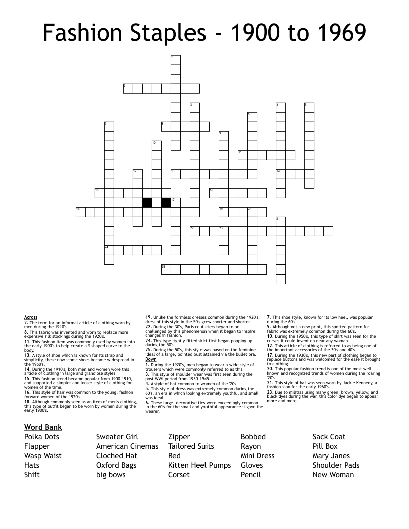 Fashion Staples - 1900 to 1969 Crossword