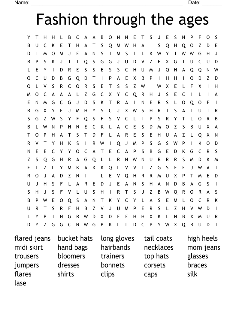 Fashion through the ages   Word Search