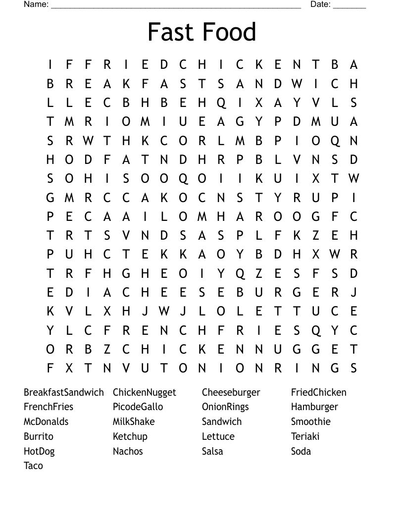 Fast Food Word Search