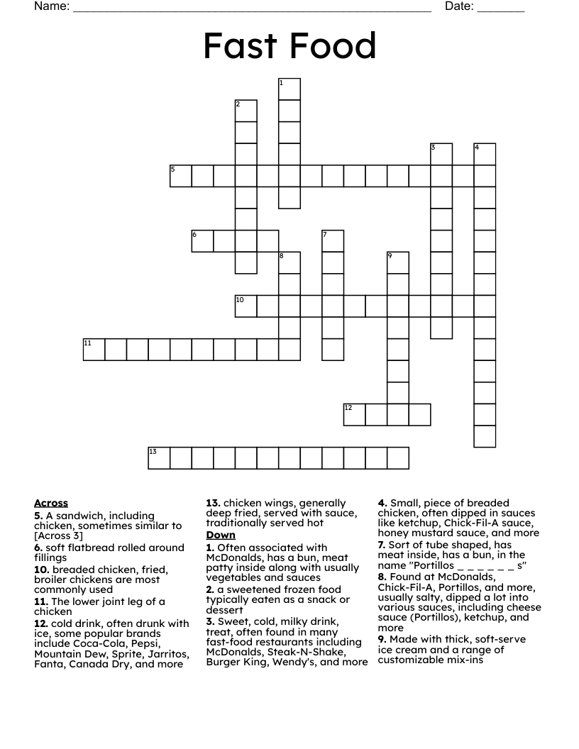 Fast Food Crossword