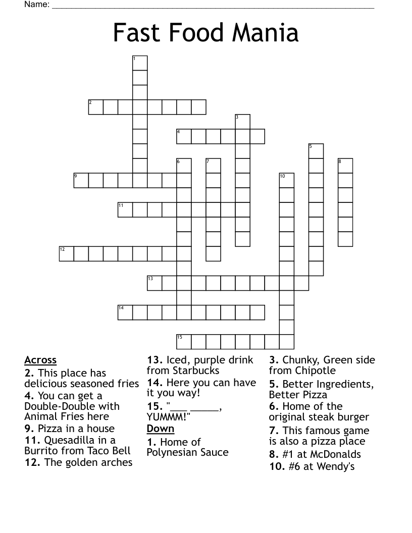Fast Food Mania Crossword