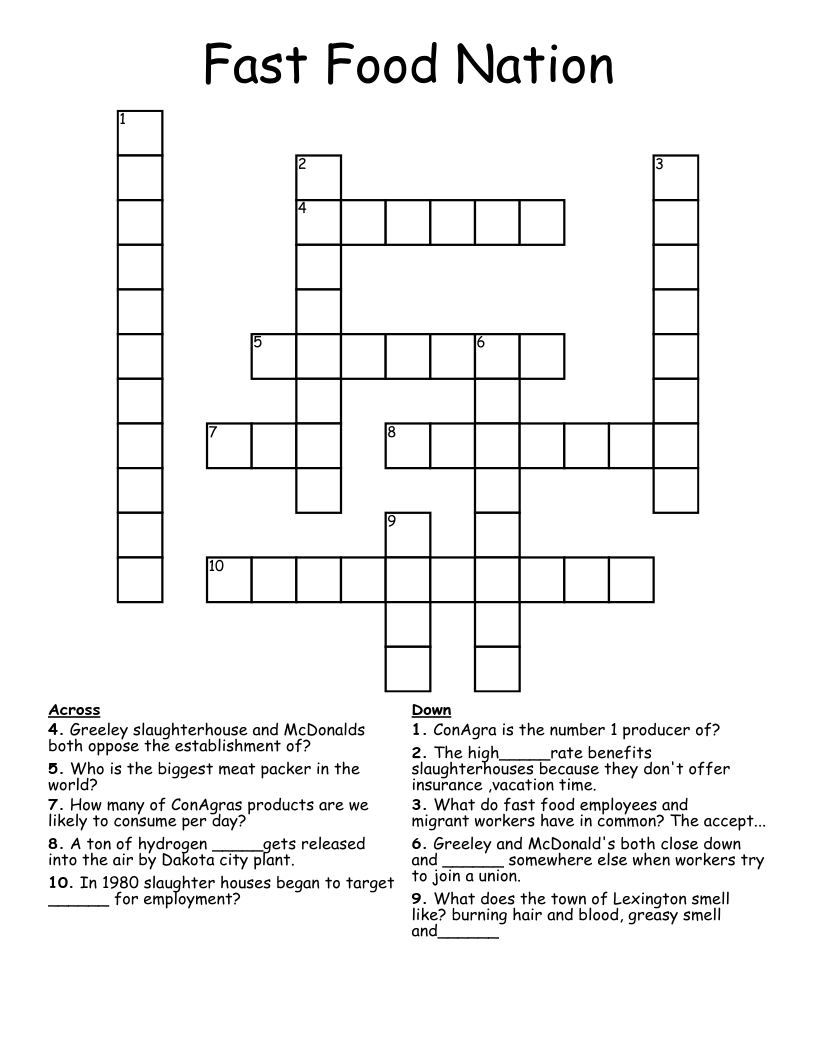 Fast Food Nation  Crossword