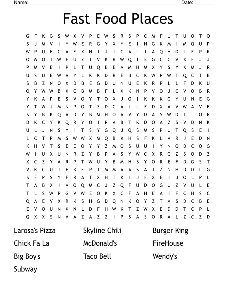 Fast Food Places Word Search