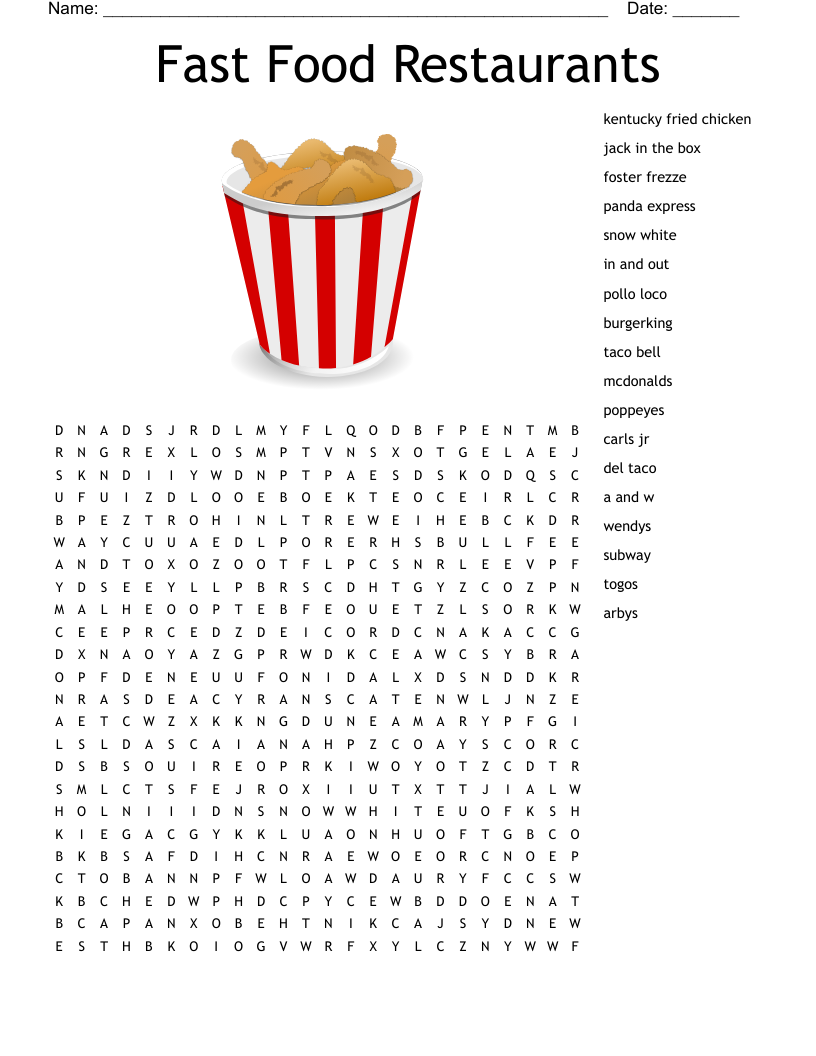 Fast Food Restaurants Word Search