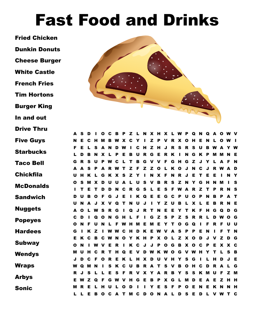 Fast Food and Drinks Word Search