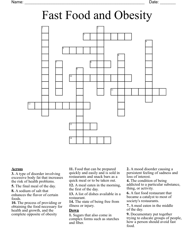 Fast Food and Obesity Crossword