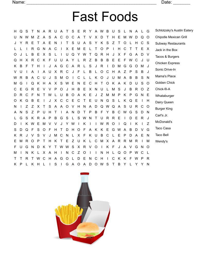 Fast Foods Word Search