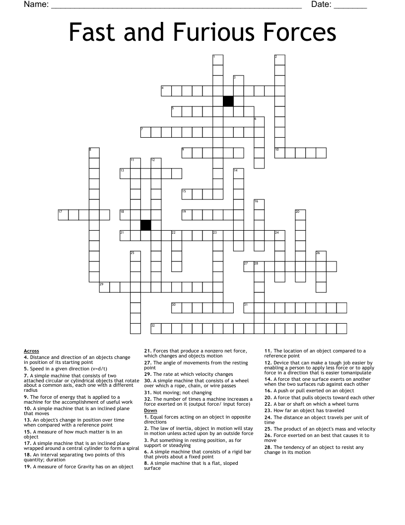 Fast and Furious Forces Crossword