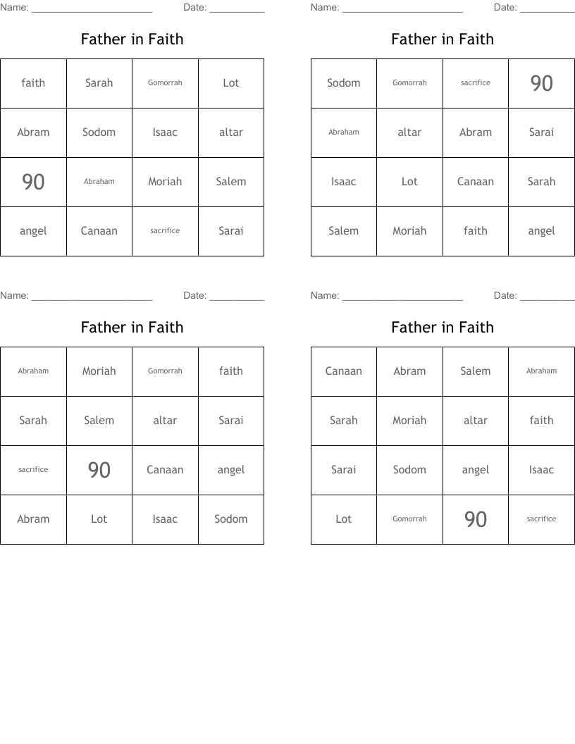 Father in Faith Bingo Cards