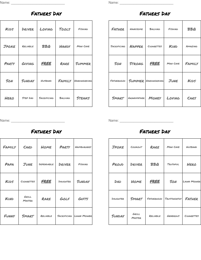 Fathers Day Bingo Cards