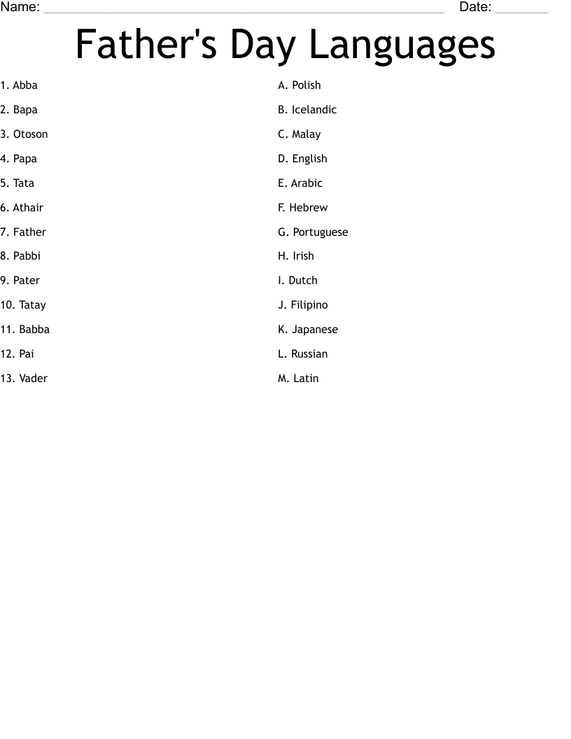 Father's Day Languages Worksheet