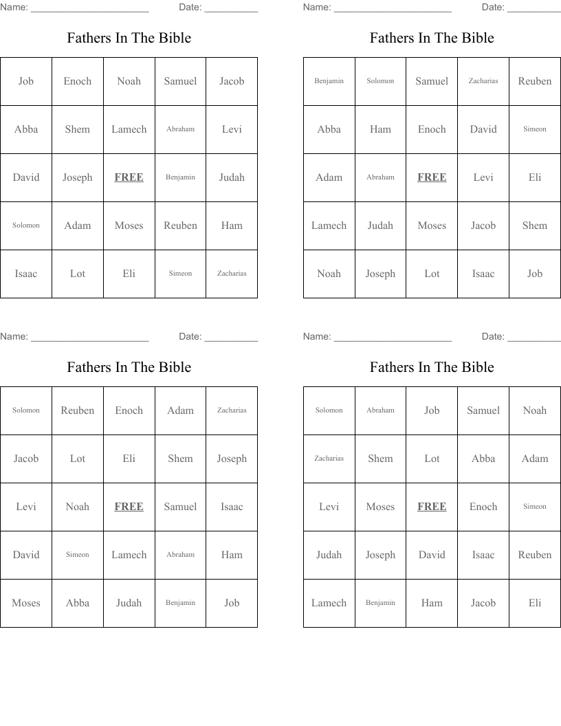 Fathers In The Bible  Bingo Cards