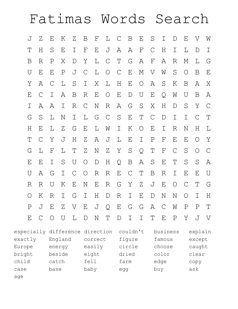 Fatimas Words Search Word Search