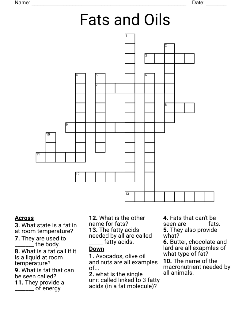Fats and Oils Crossword