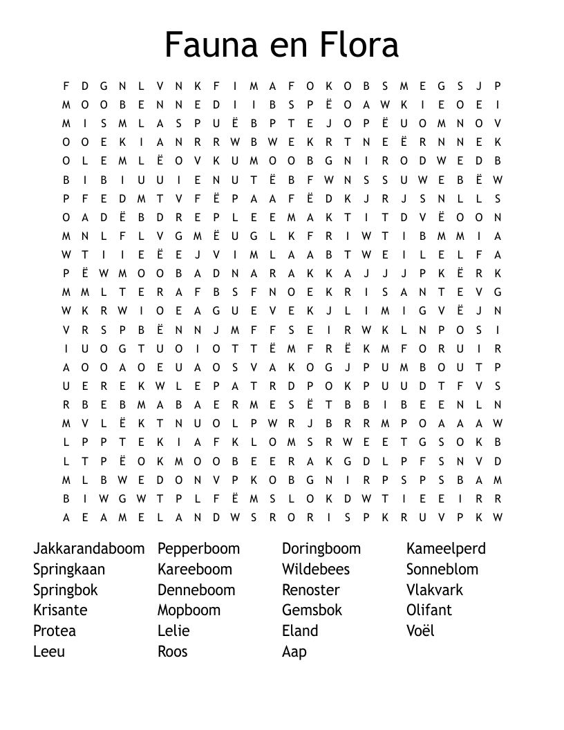 Fauna en Flora Word Search
