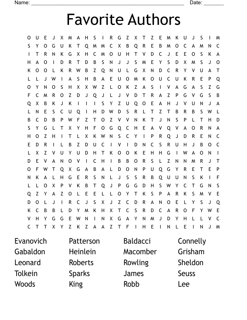 Favorite Authors Word Search