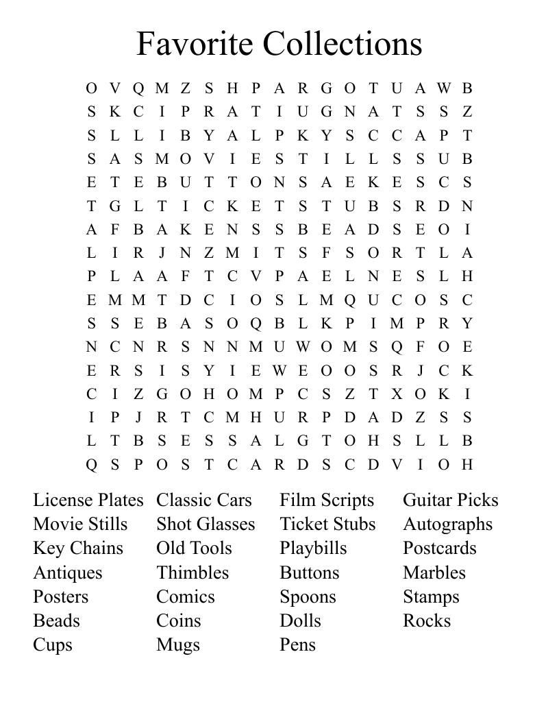 Favorite Collections Word Search