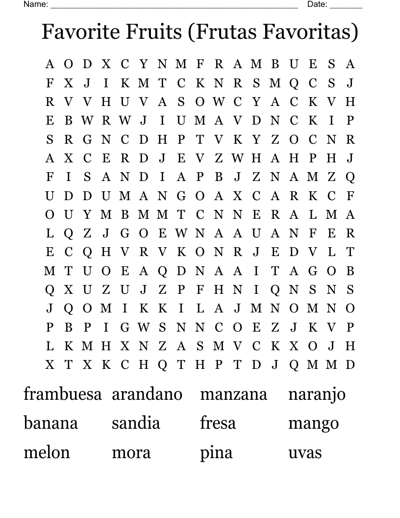 Favorite Fruits (Frutas Favoritas) Word Search