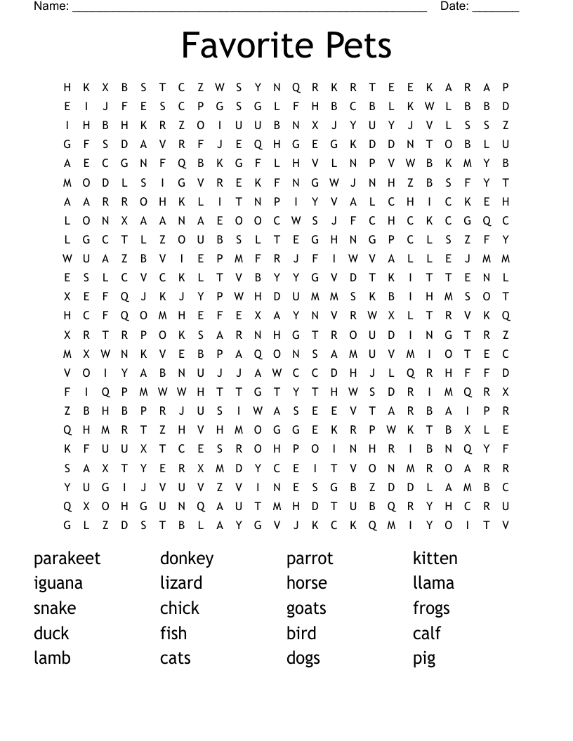 Favorite Pets Word Search