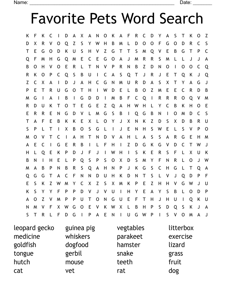 Favorite Pets Word Search
