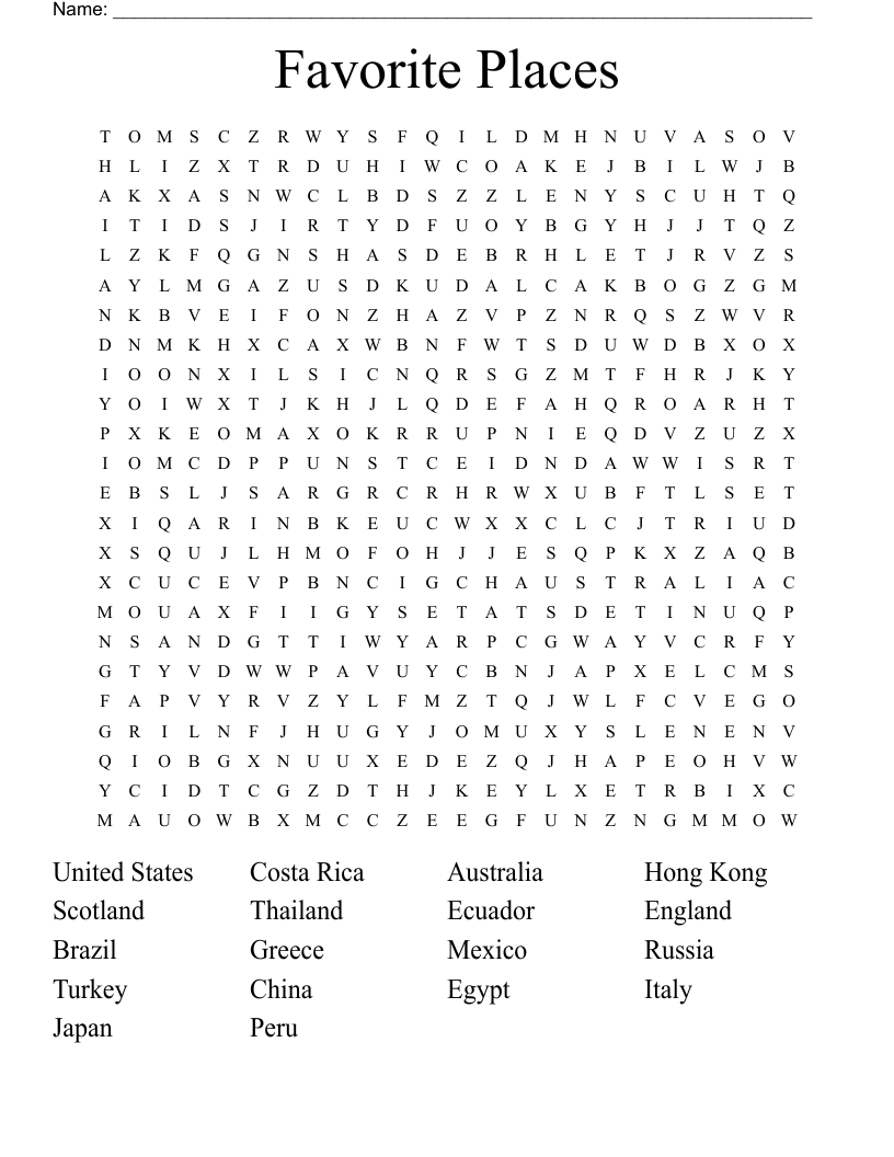 Favorite Places Word Search