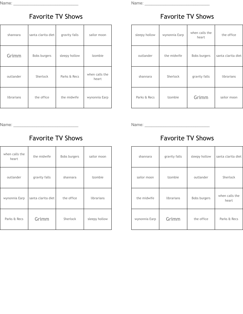 Favorite TV Shows  Bingo Cards