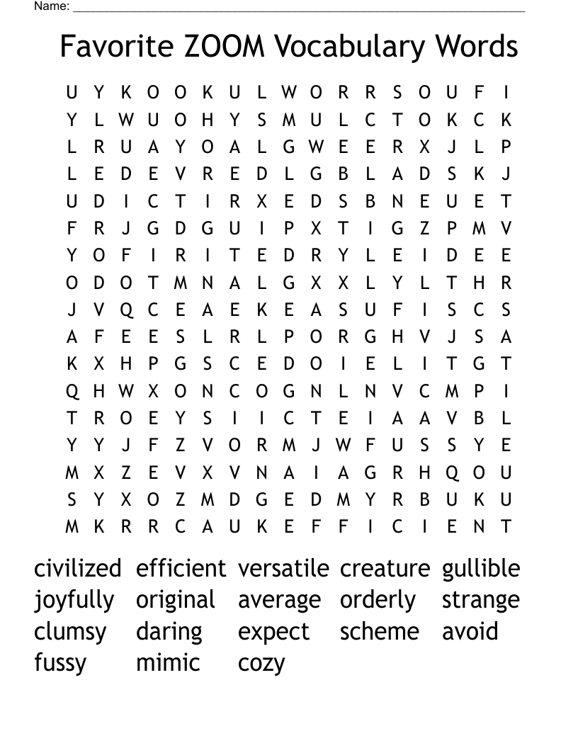 Favorite ZOOM Vocabulary Words Word Search