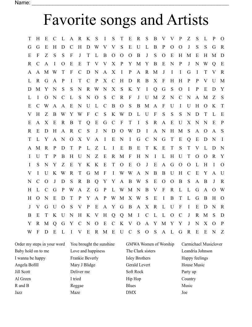 Favorite songs and Artists  Word Search