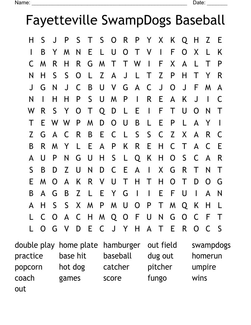 Fayetteville SwampDogs Baseball Word Search