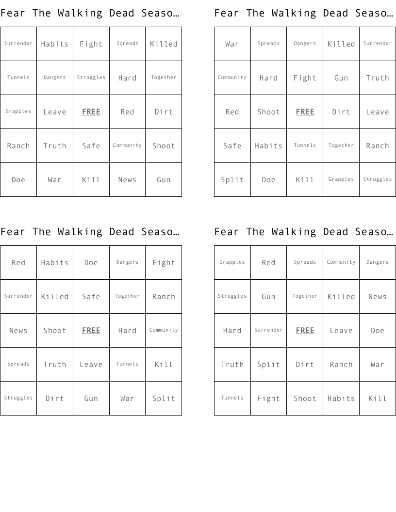 Fear The Walking Dead Season:3 Episode:6 "Red Dirt" Bingo Cards