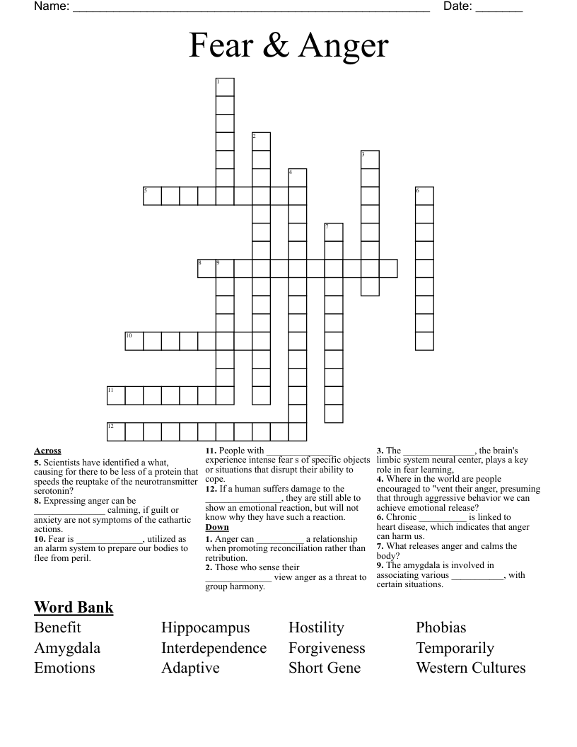 Fear & Anger Crossword