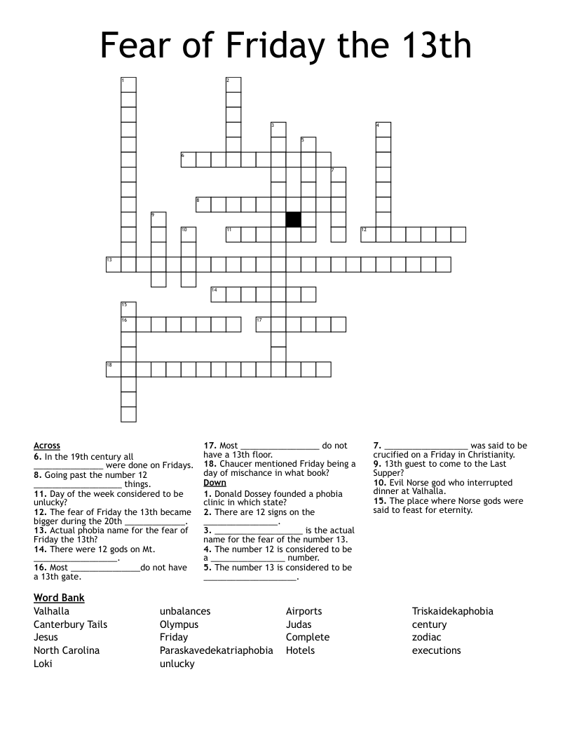 Fear of Friday the 13th Crossword