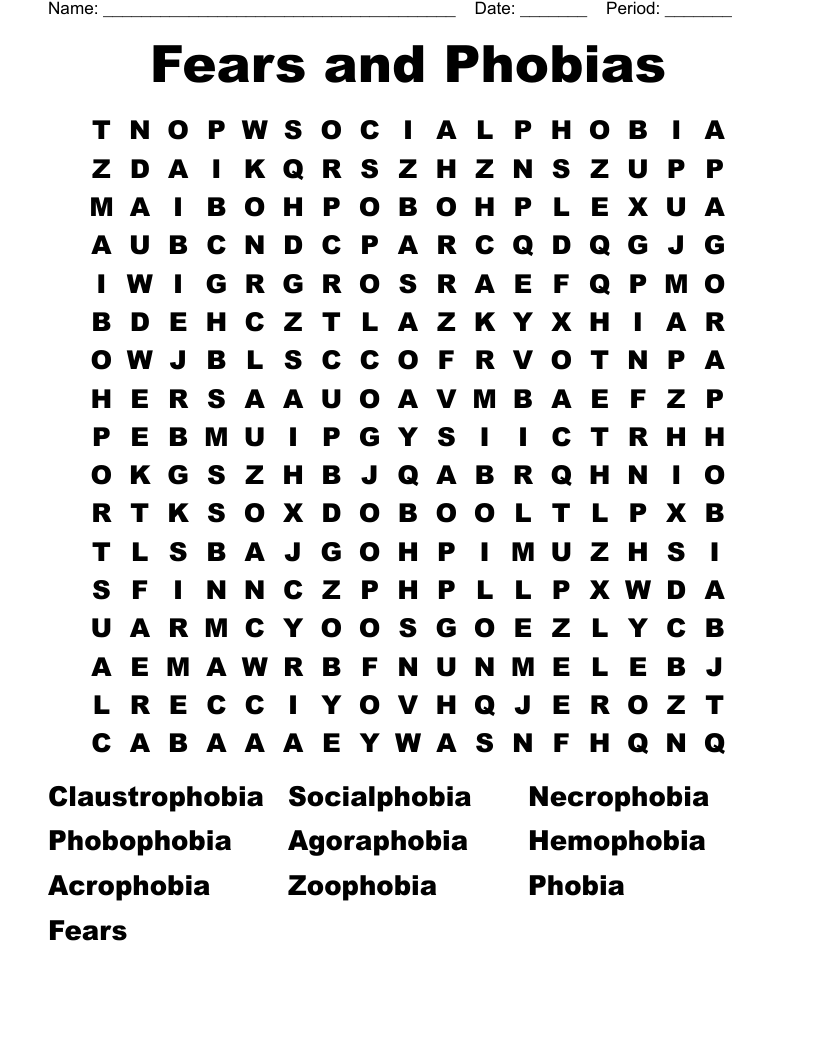Fears and Phobias Word Search