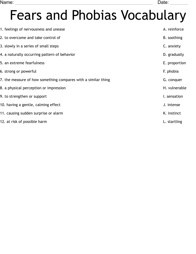 Fears and Phobias Vocabulary Worksheet