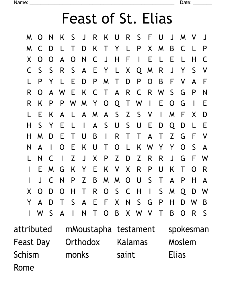 Feast of St. Elias Word Search