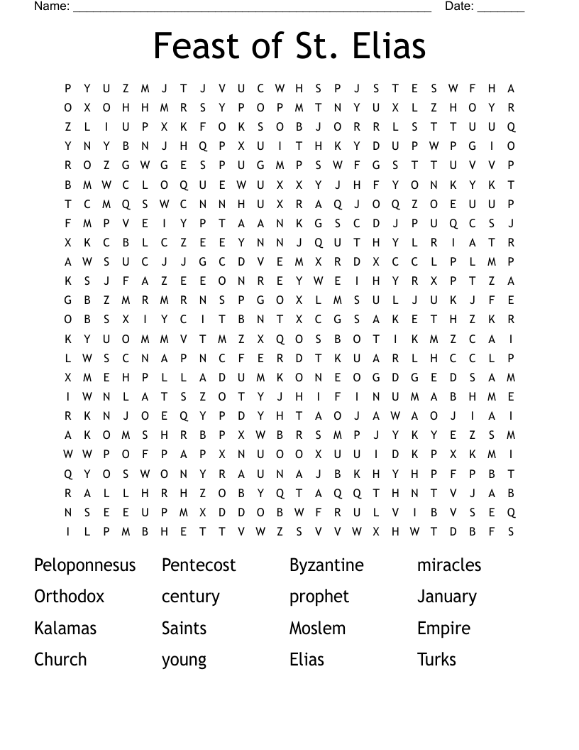 Feast of St. Elias Word Search