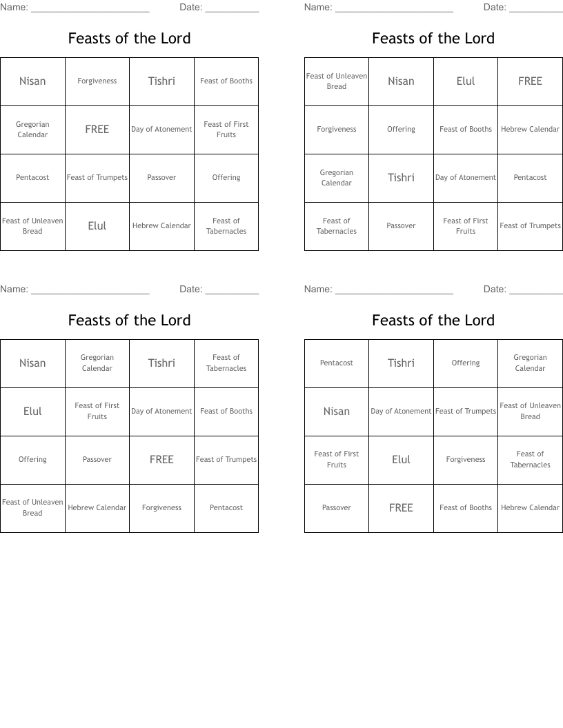 Feasts of the Lord Bingo Cards