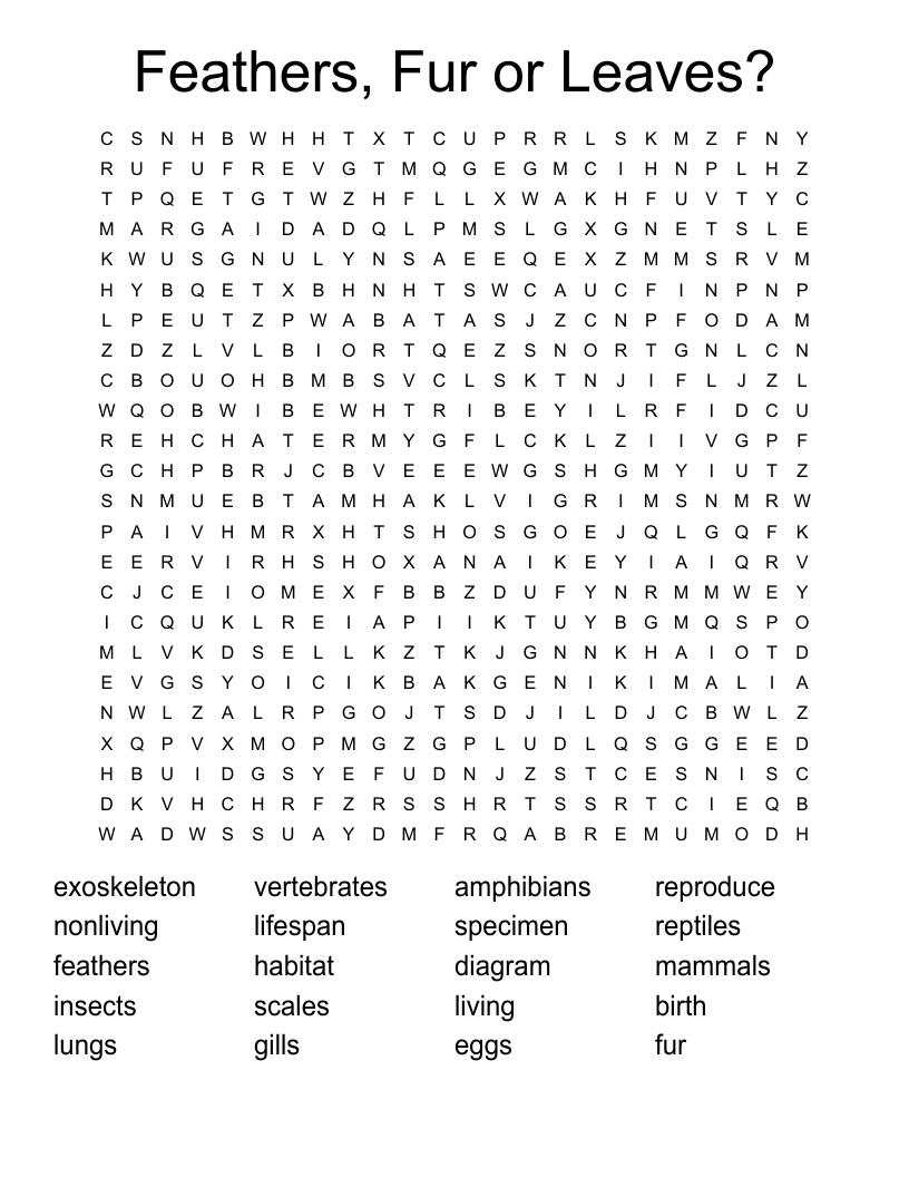 Feathers, Fur or Leaves? Word Search