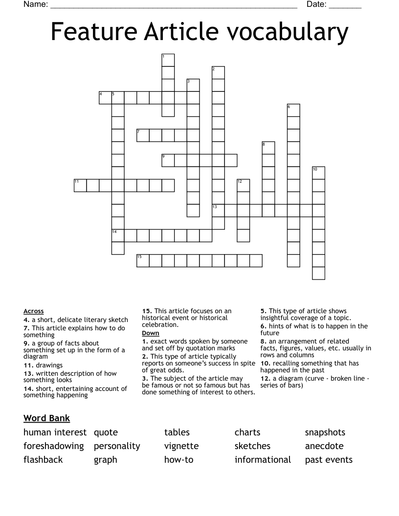Feature Article vocabulary Crossword