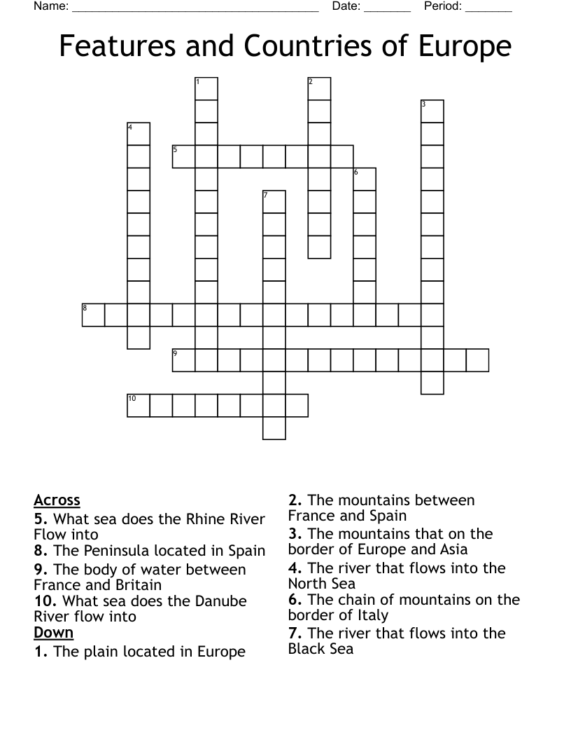Features and Countries of Europe Crossword