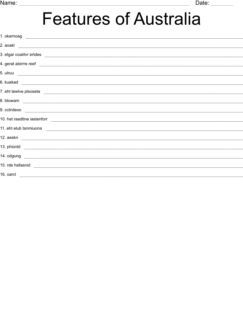 Features of Australia Word Scramble