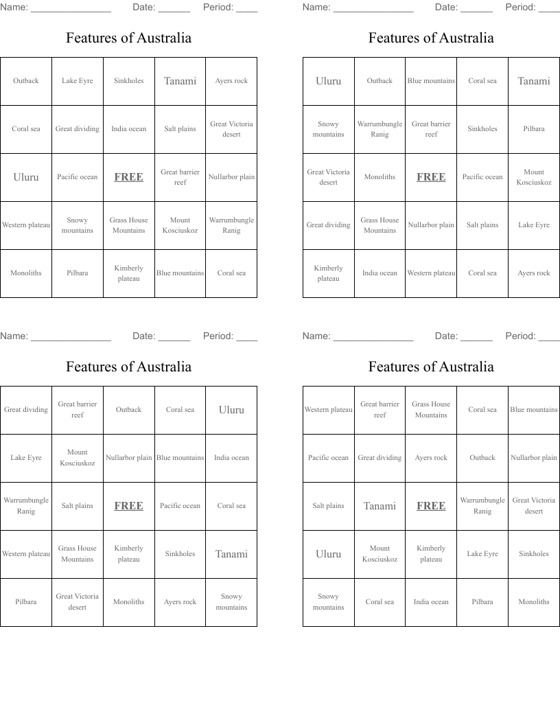 Features of Australia  Bingo Cards
